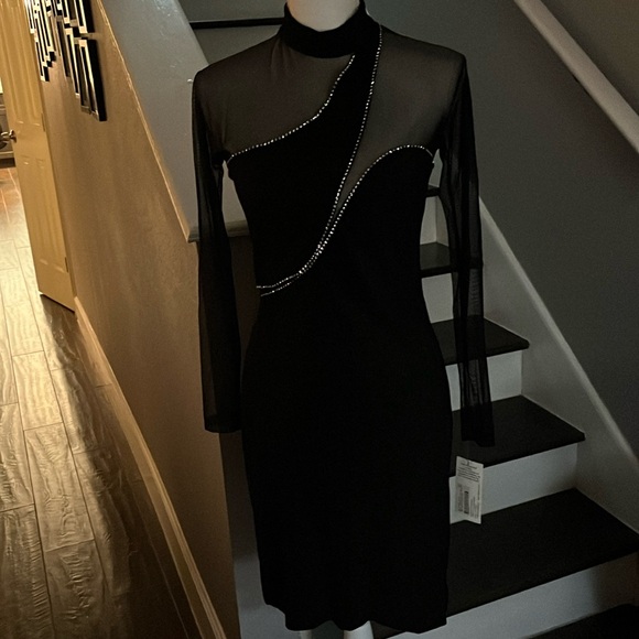 Carabella Show Stopper Black Dress with Semetric Rhinestones. Sheer Sleeves Med - Picture 2 of 16